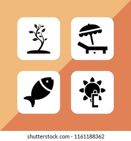 tropical icon. 4 tropical set with sunblock, fish, beach and tree vector icons for web and mobile app