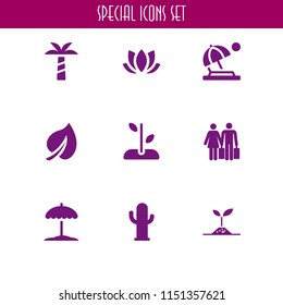 tropical icon. 9 tropical set with beach, summer, plant and lotus vector icons for web and mobile app