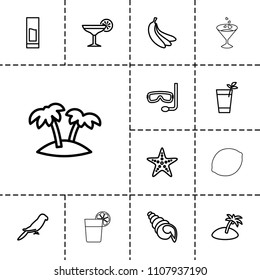 Tropical icon. collection of 13 tropical outline icons such as parrot, palm, drink, cocktail, banana, starfish, island, aqualung. editable tropical icons for web and mobile.
