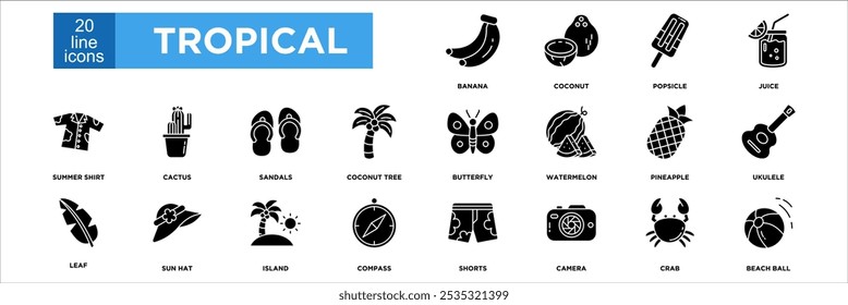 tropical icon collection set. Containing design banana, coconut, popsicle, juice, summer