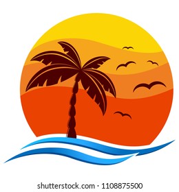 tropical icon with palm tree, sunset and sea gulls