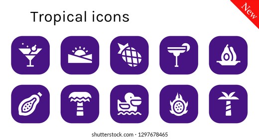  tropical icon set. 10 filled tropical icons. Simple modern icons about  - Martini, Sunset, Pineapple, Cocktail, Avocado, Papaya, Palm tree, Pelican, Dragon fruit