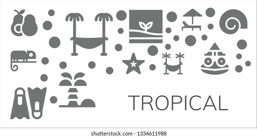 tropical icon set. 11 filled tropical icons.  Collection Of - Avocado, Hammock, Chameleon, Starfish, Dive, Terrarium, Coconut tree, Sunbed, Toad, Shell