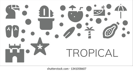 tropical icon set. 11 filled tropical icons.  Collection Of - Toucan, Cactus, Slippers, Surfboard, Sand castle, Palm tree, Coconut water, Starfish, Beach, Papaya, Beach umbrella