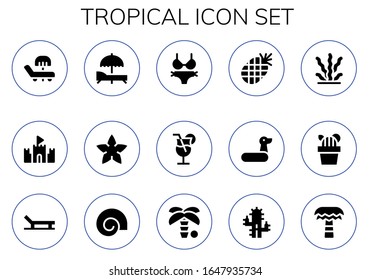 conjunto de iconos tropicales. 15 iconos tropicales rellenos. Incluidos Sombrillas, Castillo de Arena, Starfish, Bikini, Cocktail, Piña, Anillo de caucho, Algas marinas, Cactus, Playa, Shell, Iconos de palmeras