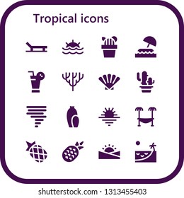 tropical icon set. 16 filled tropical icons.  Collection Of - Beach, Sunset, Cactus, Island, Juice, Coral, Shell, Tornado, Hammock, Pineapple