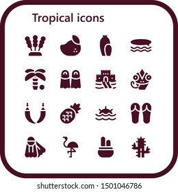 tropical icon set. 16 filled tropical icons.  Collection Of - Seaweed, Mango, Cactus, Surf, Palm tree, Fins, Sand castle, Chameleon, Hammock, Pineapple, Sunset, Sandals, Flamingo