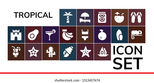 tropical icon set. 19 filled tropical icons.  Simple modern icons about  - Palm tree, Sand castle, Cocktail, Starfish, Cactus, Seashell, Avocado, Bananas, Bikini, Orange, Chameleon