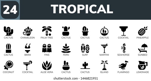 tropical icon set. 24 filled tropical icons.  Collection Of - Cactus, Chameleon, Palm tree, Cocktail, Pineapple, Bikini, Fins, Fern, Surf, Martini, Seahorse, Sunbed, Coconut, Aloe vera