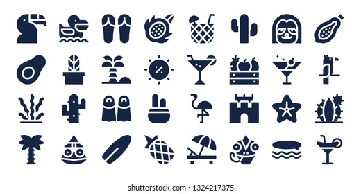 tropical icon set. 32 filled tropical icons. on blue background style Simple modern icons about  - Toucan, Avocado, Seaweed, Palm tree, Pelican, Cactus, Toad, Sandals, Coconut tree
