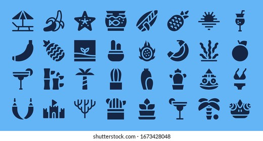 tropical icon set. 32 filled tropical icons. on blue background style Simple modern icons such as: Sunbed, Banana, Cocktail, Hammock, Pineapple, Bamboo, Sand castle, Starfish