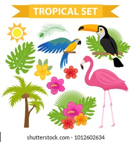 Tropical icon set with birds and flowers, flat, cartoon style. Exotic collection of design elements with toucan, parrot, plant, flamingo, flower. Paradise objects. Vector illustration
