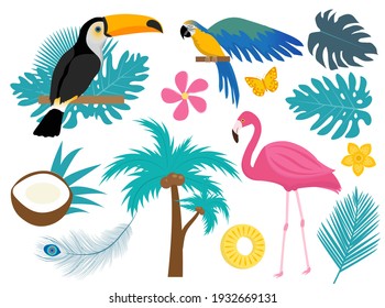 Tropical icon set with birds and flowers, flat, cartoon style. Exotic collection of design elements with toucan, parrot, plant, flamingo, flower. Paradise objects. Vector illustration