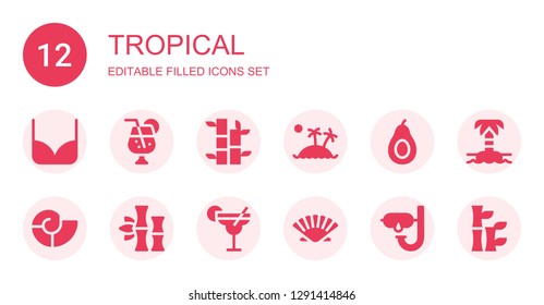 tropical icon set. Collection of 12 filled tropical icons included Bikini, Juice, Bamboo, Island, Avocado, Seashell, Cocktail, Dive