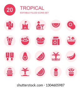 tropical icon set. Collection of 20 filled tropical icons included Cactus, Sand castle, Cocktail, Watermelon, Avocado, Coconut drink, Frog, Juice, Fins, Palm tree, Banana, Pineapple