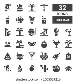 tropical icon set. Collection of 32 filled tropical icons included Seashell, Coconut drink, Cactus, Guava, Papaya, Parrot, Fruit, Banana, Cocktail, Bikini, Watermelon, Island