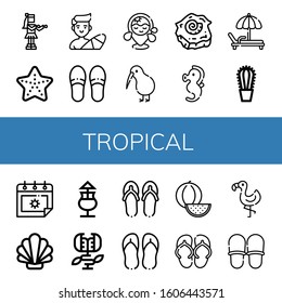 tropical icon set. Collection of Hula, Starfish, Surfer, Slippers, Beach, Kiwi, Shell, Seahorse, Deck chair, Cactus, Summer, Mai thai, Carnivorous plant, Flip flops, Watermelon icons