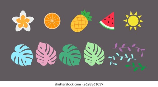 Tropical icon set featuring fruits, leaves, and a sun in a minimalist style. Bright and vibrant colors on dark background. Perfect for summer themes and designs.