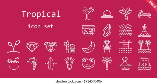 tropical icon set. line icon style. tropical related icons such as banana, papaya, dolphin, monkey, surfboard, terracotta, sea, deck chair, palm tree, fishbowl, frog, cocktail, swimming pool, giraffe