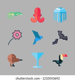tropical icon set. vector set about crocodile, closeup, bird and octopus icons set.