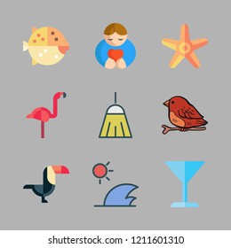 tropical icon set. vector set about cocktail, flamingo, starfish and puffer fish icons set.