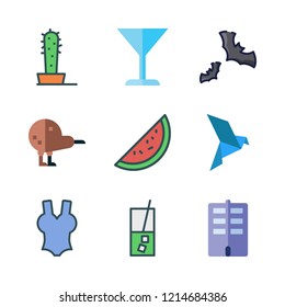 tropical icon set. vector set about bird, swimsuit, juice and cactus icons set.