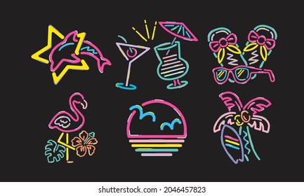 Tropical Icons, neon colors on black background