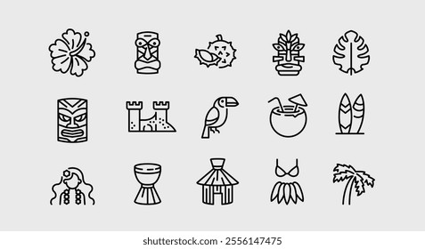 Tropical icons. Set of 15 trendy minimal tropical icons. Hibiscus, Palm Tree, Tiki Mask, Sandcastle, Coconut Drink icon. Design signs for web page, mobile app, packaging design. Vector illustration