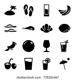 Tropical icons. set of 16 editable filled tropical icons such as orange, banana, alligator, cocktail, drink, drink coconut, umbrella, island, flip flops, shell, parrot