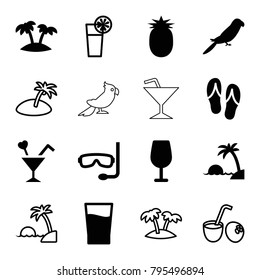 Tropical icons. set of 16 editable filled and outline tropical icons such as parrot, cocktail, cocktail, palm, drink, pineapple, island, flip flops, aqualung