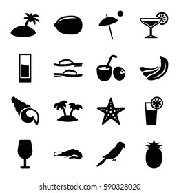 tropical icons set. Set of 16 tropical filled icons such as banana, alligator, parrot, Cocktail, Lemon, cocktail, palm, drink, drink coconut, umbrella, pineapple, starfish