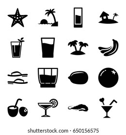 Tropical icons set. set of 16 tropical filled icons such as orange, banana, alligator, lemon, cocktail, palm, home on island, drink, drink coconut, starfish, island