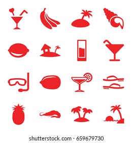 Tropical icons set. set of 16 tropical filled icons such as alligator, cocktail, lemon, lemon, cocktail, palm, home on island, drink, banana, pineapple, island, flip flops