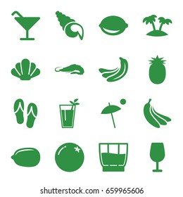 Tropical icons set. set of 16 tropical filled icons such as orange, banana, alligator, cocktail, lemon, lemon, palm, drink, cocktail, umbrella, pineapple, flip flops