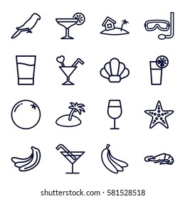 tropical icons set. Set of 16 tropical outline icons such as alligator, parrot, orange, banana, Cocktail, cocktail, home on island, drink, starfish, island, aqualung