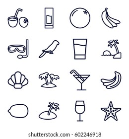 tropical icons set. Set of 16 tropical outline icons such as parrot, orange, banana, Cocktail, Lemon, palm, drink, drink coconut, starfish, island, aqualung