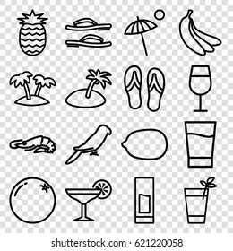 Tropical icons set. set of 16 tropical outline icons such as alligator, parrot, orange, Cocktail, Lemon, palm, drink, cocktail, umbrella, banana, pineapple, island