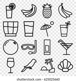 Tropical icons set. set of 16 tropical outline icons such as parrot, orange, banana, Cocktail, cocktail, drink, umbrella, pineapple, island, 