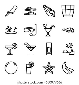 Tropical icons set. set of 16 tropical outline icons such as alligator, parrot, orange, cocktail, cocktail, home on island, drink, banana, starfish, island, flip flops