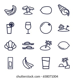 Tropical icons set. set of 16 tropical outline icons such as orange, banana, cocktail, lemon, lemon, cocktail, palm, home on island, drink, island, flip flops