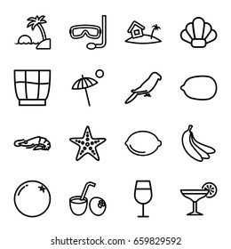 Tropical icons set. set of 16 tropical outline icons such as alligator, parrot, orange, cocktail, lemon, lemon, home on island, drink, cocktail, drink coconut, umbrella