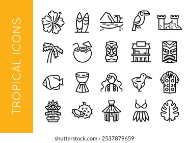 Tropical icons. Set of 20 trendy minimal tropical icons. Hibiscus, Palm Tree, Tiki Mask, Sandcastle, Coconut Drink icon. Design signs for web page, mobile app, packaging design. Vector illustration