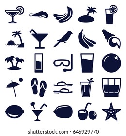 Tropical icons set. set of 25 tropical filled icons such as orange, banana, alligator, parrot, cocktail, lemon, lemon, cocktail, palm, drink, drink coconut, umbrella, starfish