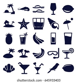 Tropical icons set. set of 25 tropical filled icons such as banana, alligator, parrot, cocktail, lemon, lemon, cocktail, palm, home on island, drink, umbrella, pineapple