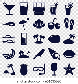 Tropical icons set. set of 25 tropical filled icons such as banana, alligator, parrot, cocktail, lemon, lemon, cocktail, palm, home on island, drink, drink coconut, umbrella