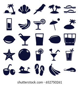 Tropical icons set. set of 25 tropical filled icons such as orange, banana, alligator, parrot, cocktail, lemon, lemon, cocktail, palm, home on island, drink, drink coconut