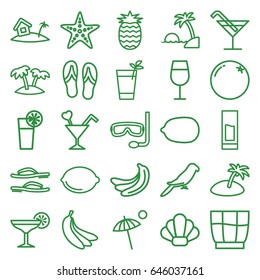 Tropical icons set. set of 25 tropical outline icons such as parrot, orange, banana, cocktail, lemon, lemon, cocktail, palm, home on island, drink, umbrella, pineapple