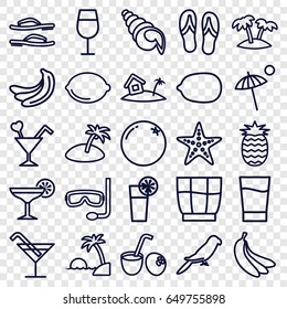 Tropical icons set. set of 25 tropical outline icons such as parrot, orange, banana, cocktail, lemon, lemon, cocktail, palm, home on island, drink, drink coconut, umbrella