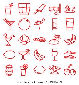 Tropical icons set. set of 25 tropical outline icons such as alligator, parrot, orange, banana, cocktail, lemon, lemon, cocktail, palm, home on island, drink, drink coconut