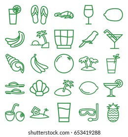 Tropical icons set. set of 25 tropical outline icons such as alligator, parrot, orange, banana, cocktail, lemon, lemon, cocktail, palm, home on island, drink, drink coconut